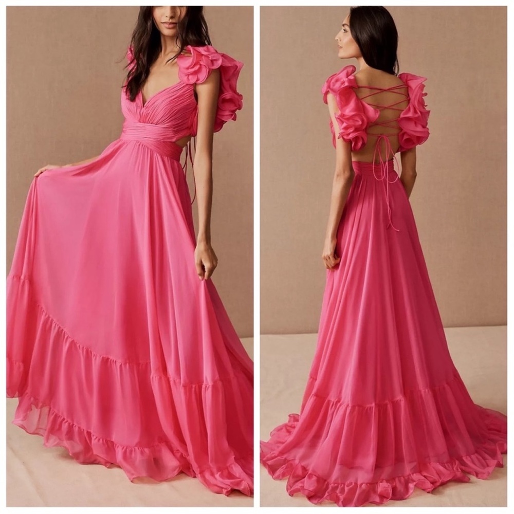 NWT Mac Duggal Ruched Ruffled Shoulder Cut out lace up Gown in Hot Pink Size 4